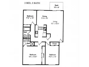 Three Bedroom, Two Bath Floor Plan
