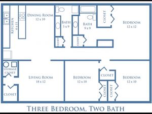 Three Bedroom, Two Bath - 1,250 sq. ft.