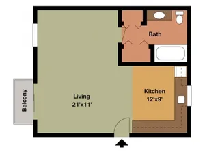 Studio floor plan at Harvard Apartments in Springfield, MO, featuring an open-concept living area, full kitchen, private bathroom, and entry closet space. Ideal for efficient, single-person living.