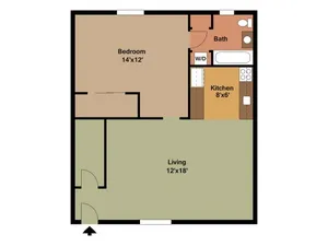 1 bedroom, 1 bathroom floor plan at Harvard Apartments in Springfield, MO. Features include a spacious living room, galley-style kitchen, full bathroom, and a large bedroom with closet space.
