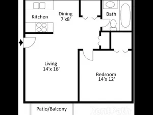 2D floor plan of a one-bedroom, one-bath apartment showing an entry door into a 14&prime;&times;16&prime; living room that opens onto a patio/balcony on the left; a kitchen with stove, sink, and refrigerator at the top left beside a 7&prime;&times;8&prime; dining area; a full bathroom with tub/shower at the top right; and a 14&prime;&times;12&prime; bedroom at the bottom right.