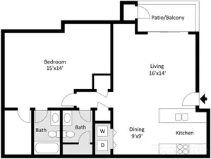 One-bedroom, one-and-a-half-bath floor plan at Willow Creek Apartments in Springfield, MO. Features a spacious bedroom with ensuite bath, open living and dining area, guest half bath, washer and dryer hookups, and private patio or balcony.