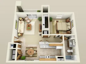Overhead view of a one-bedroom apartment layout featuring a living room, kitchen with dining area, bathroom, and bedroom, decorated with plants and furniture.