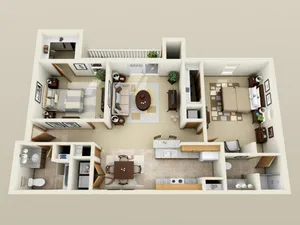 A 3D floor plan of a modern apartment featuring two bedrooms, a living room, kitchen, and dining area. Neutral tones convey a cozy, inviting atmosphere.