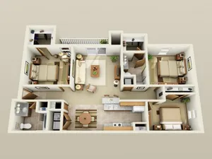 Floor plan of a modern apartment featuring three bedrooms, a living room, kitchen, and two bathrooms. Neutral tones, spacious layout, cozy atmosphere.