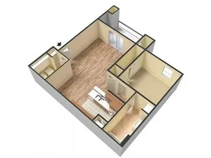 3D-rendered perspective floor plan of a one-bedroom, one-bath apartment at Embassy Apartments in Ozark, Missouri, showing a front-entry into an open living area with wood-style plank flooring, a straight-line kitchen with upper and lower cabinets and appliances along the back wall, a tiled full bathroom off a small hallway, and a carpeted bedroom with a built-in closet at the rear.