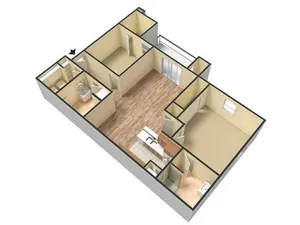 3D-rendered perspective floor plan of a two-bedroom, two-bath apartment at Embassy Apartments in Ozark, Missouri, featuring wood-style plank flooring in the living area, a galley kitchen with full-size appliances, two tiled full bathrooms (one off the hallway, one en suite), and two carpeted bedrooms each with a closet.