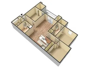 3D-rendered perspective floor plan of a three-bedroom, two-bath apartment at Embassy Apartments in Ozark, Missouri, displaying wood-style plank flooring in the living and dining areas, an L-shaped kitchen with appliances, two tiled full bathrooms (one off the hall, one en suite), and three carpeted bedrooms each with built-in closet space.