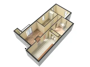 3D-rendered perspective floor plan of a two-bedroom, one-bath apartment at Embassy Apartments in Ozark, Missouri, showing wood-style plank flooring throughout an open living/dining space, a straight-line kitchen with cabinetry and appliances along one wall, a single tiled full bathroom off a short corridor, and two separate carpeted bedrooms with closet space.
