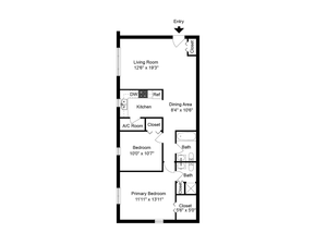 Compact floor plan featuring 2 bedrooms, a generous living room, kitchen, and dining area.