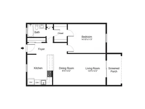 Sleek apartment floor plan showcasing 1 spacious bedroom, inviting living room, dining area, modern kitchen, and a charming screened porch.