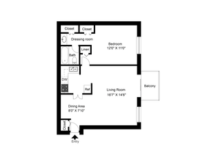 Modern floor plan showcasing one bedroom with dressing room, spacious living room with balcony, and cozy dining area.