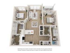 The Willow Two Bedroom Two Bath 3D Floor Plan