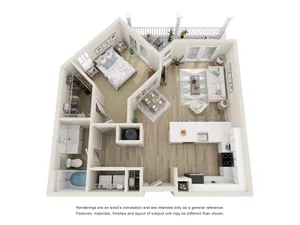 The Alder One Bedroom One Bath 3D Floor Plan