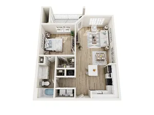 The Cedarcrest one-bedroom, one-bath apartment floor plan featuring an open-concept living area, modern kitchen, spacious bedroom, and private bath.