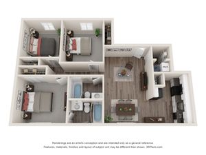 Modern 3D floor plan featuring two spacious bedrooms, a cozy living area, stylish kitchen, and two bathrooms, offering a perfect balance of comfort and functionality.