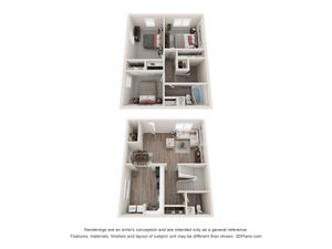 Charming 3D floor plan showcasing two-story layout with two cozy bedrooms, modern kitchen, and inviting living area.