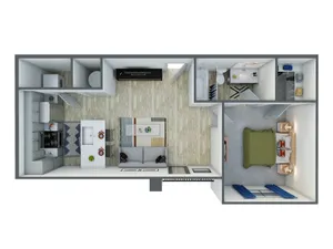 Modern 3D floor plan featuring a cozy one-bedroom with an open kitchen, stylish living area, and spacious bathroom.