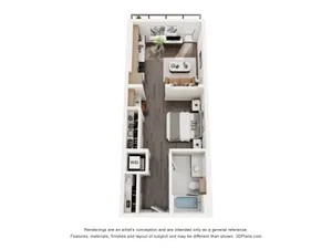 Elegant and modern studio apartment floor plan with open kitchen and cozy living area.