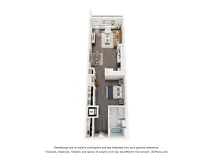 Modern studio apartment floor plan with open living area, kitchen, bathroom, and laundry space.