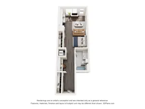 Modern studio apartment floor plan with open living space and charming kitchen area.
