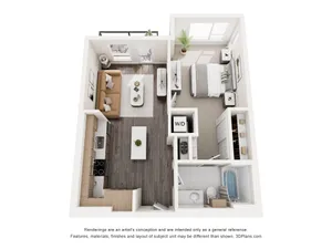 Stylish one-bedroom apartment floor plan with open living area and modern kitchen.