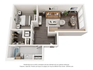 Contemporary one-bedroom apartment floor plan featuring a cozy living room, stylish kitchen, and well-appointed bathroom.