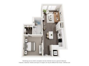 Stylish one-bedroom apartment floor plan with open living area and modern kitchen.