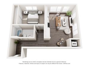 Stylish 3D floor plan of a modern apartment featuring one bedroom, open living area, kitchen, and bathroom