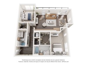 Contemporary 3D floor plan for a bright two-bedroom apartment with open living and dining area.