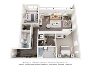 Cozy Bliss apartment floor plan with 2 bedrooms, spacious living room, kitchen, and two bathrooms.