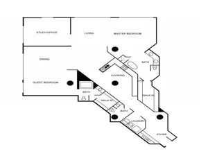 Floorplan of a unit featuring 2 bedrooms, 2 bathrooms, and a study or office.