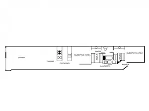 Floorplan featuring two bedrooms, one bathroom, living area, dining area, and a cooking area.