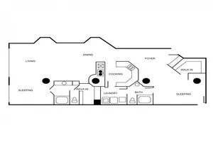 Apartment floor plan featuring two bedrooms, two bathrooms, dining and living areas, foyer, and walk-in closet.