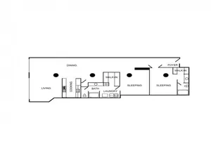 Loft apartment floor plan with 2 bedrooms and 2 bathrooms.