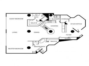 Loft style floorplan featuring two bedrooms and two bathrooms.
