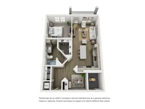 Charming apartment floor plan with a cozy bedroom, spacious living room, elegant kitchen, and modern bathroom, offering a perfect blend of comfort and style.