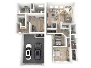 Chic 3D floor plan showcasing a modern layout with three bedrooms, spacious open-concept living and dining area, sleek kitchen, and convenient two-car garage.