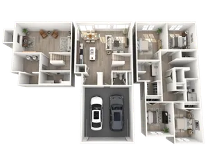 Spacious 3D floor plan featuring three luxurious bedrooms, modern open-concept living and dining area, sleek kitchen, two car garage, and chic office space.