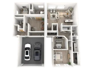 Elegant 3D floor plan showcasing a modern two-story home with three bedrooms, spacious open-concept living and dining area, stylish kitchen, and double garage.