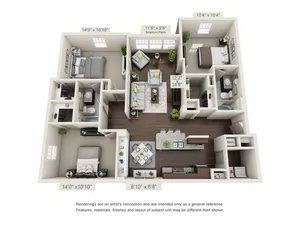 Contemporary 3D floor plan featuring three spacious bedrooms, two modern bathrooms, an open-concept living area, stylish kitchen, and charming solarium/patio.