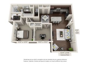 Modern 3D floor plan featuring spacious 1-bedroom and versatile office space, elegant kitchen with island, chic living room, and inviting solarium patio.