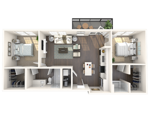 2D floor plan of a modern apartment with two bedrooms, spacious living area, open kitchen, and private balcony.
