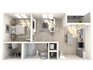 Chic 3D floor plan showcasing a spacious one-bedroom apartment with an open living area, modern kitchen, and elegant bathroom.