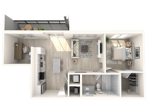 Modern 3D floor plan showcasing a chic one-bedroom apartment with an open kitchen, cozy living space, stylish bathroom, and private balcony.