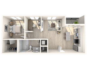 Modern open-concept floor plan with one bedroom, elegant kitchen with island, cozy living area, and stylish bathroom.