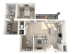Modern 1-bedroom apartment floor plan featuring an open-concept living area, stylish kitchen, and private balcony.