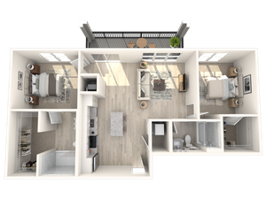 Modern 2D floor plan showcasing 2 bedrooms, an open kitchen with an island, stylish living area, and a private balcony.