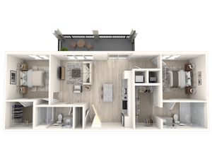 Modern 3D floor plan showcasing 2 bedrooms, 2 bathrooms, an open-concept kitchen, and a cozy living area with a balcony.