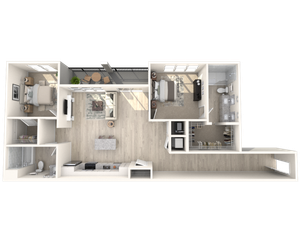 Chic 3D apartment floor plan with 2 bedrooms, cozy living area, modern kitchen, and private balcony.